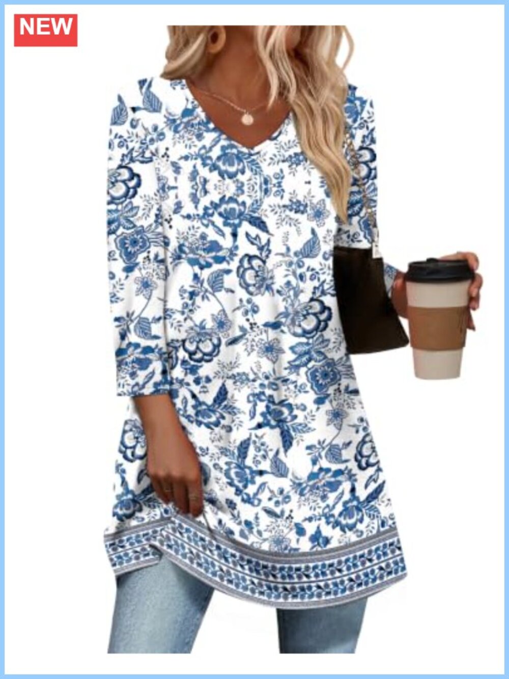 Womens 3/4 Sleeve V-Neck Tunic Top Loose Fit Plus Size Tee